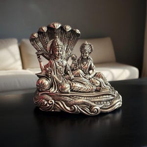 Vishnu Lakshmi Brass Statue Silver Finish Laxmi Narayan Idol