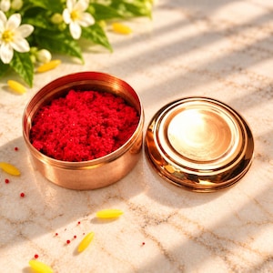 Puede incluir: Un recipiente redondo de cobre lleno de polvo rojo vibrante, acompañado de una tapa circular de cobre a juego colocada al lado. El recipiente tiene un acabado metálico liso y un diseño sencillo para contener sustancias sueltas.