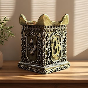 以下が含まれることがあります： 精巧な金色の装飾ボックスで、複雑な彫刻と宗教的なシンボルが施されています。ボックスは正方形のベース、詳細な花柄、王冠のような上部が特徴です。デザインには、Omのシンボルとランプのモチーフが含まれており、精神的または文化的な重要性を示唆しています。
