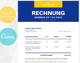 Fatura para pequenas empresas na Alemanha | Fatura profissional | Modelo de fatura para impressão em Canva | Um download instantâneo de 4