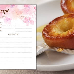 May include: A printable recipe template with a watercolour floral design. The template includes sections for ingredients, preparation, and oven temperature, time, and yield.