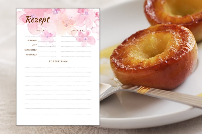 May include: A printable recipe template with a watercolour floral design. The template includes sections for ingredients, preparation, and oven temperature, time, and yield.