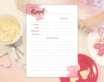 Rezeptvorlage zum Ausdrucken PDF digitale Rezeptkarte digitaler Download DIN A4 Rezeptkarte zum Ausfüllen deutsch kochen rosa