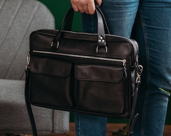 Handcrafted Black Leather Laptop Bag: 15-inch Computer Briefcase