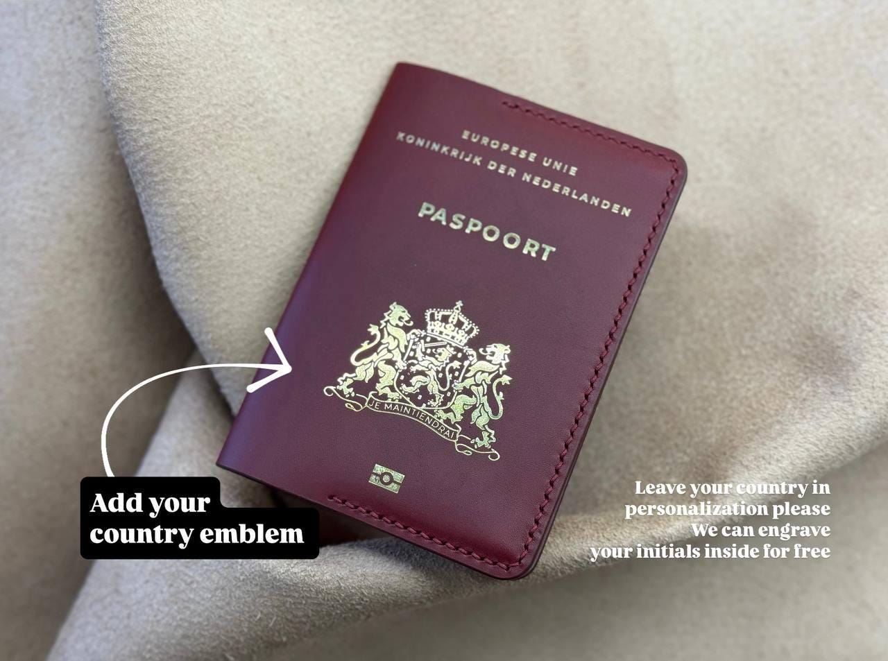 Embossed Leather Passport Cover for Netherlands: Personalized Travel Gift