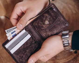 Cartera de cuero hecha a mano, cartera personalizada para hombre, monedero para él, regalo de cumpleaños