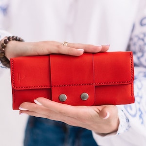Cartera de cuero rojo, wallter largo de cuero, billetera de mujer de cuero, billetera personalizada, billetera hecha a mano, billetera grande, billetera de cuero de primera calidad