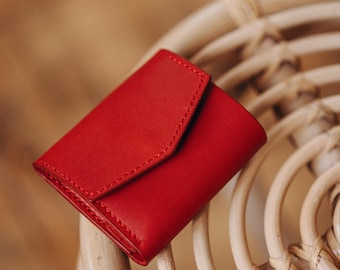 Cartera de piel roja, cartera pequeña de piel para mujer, cartera fina, cartera personalizada, cartera de piel roja, regalo de aniversario para ella