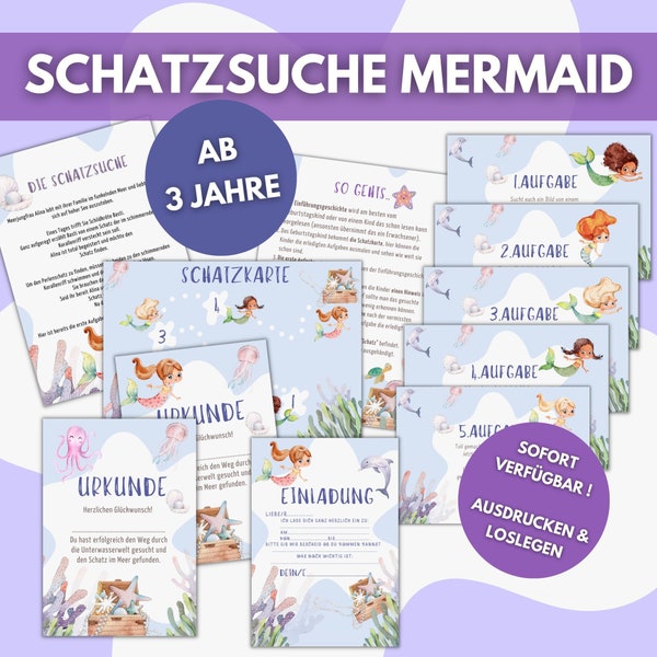 Schatzsuche für Kinder Meerjungfrau, einfache Schnitzeljagd für Kindergeburtstag ab 4 Jahre mit  einfachen Aufgaben, Schatzkarte, Urkunden