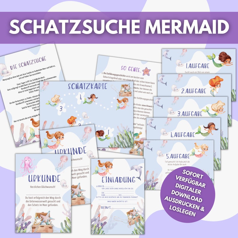 Treasure hunt for children mermaid, simple scavenger hunt for children's birthday parties from 4 years with simple tasks, treasure map, certificates image 5