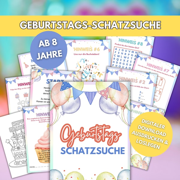 Schattenjacht-verjaardag voor kinderen vanaf 8 jaar. Speurtocht voor kinderverjaardagsfeestjes met aanwijzingen, puzzels en kleurplaten