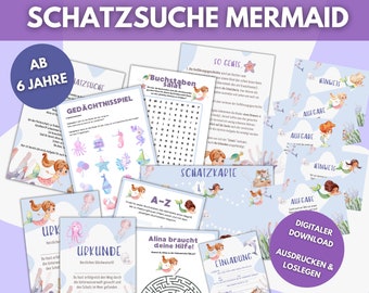 Chasse au trésor dès 6 ans sirène, chasse au trésor pour anniversaire enfant avec énigmes, tâches, carte au trésor, certificats, invitations Sirène