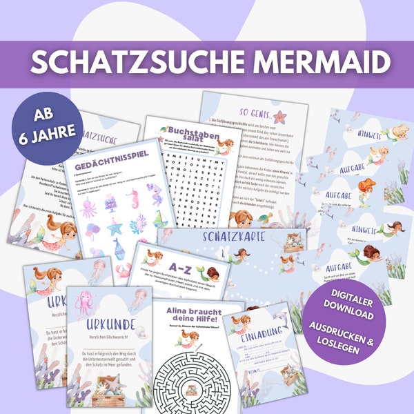 Schatzsuche ab 6 Jahre Meerjungfrau, Schnitzeljagd für Kindergeburtstag mit  Rätsel, Aufgaben, Schatzkarte, Urkunden, Einladungen Mermaid