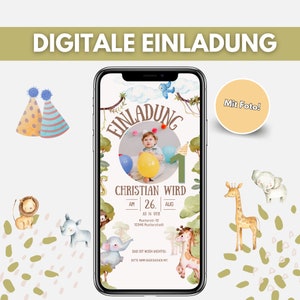 Digitale Einladung Kindergeburtstag mit Foto Safari Tiere| personalisiert | E-Card Kindergeburtstag | Einladung 1. Geburtstag | Party