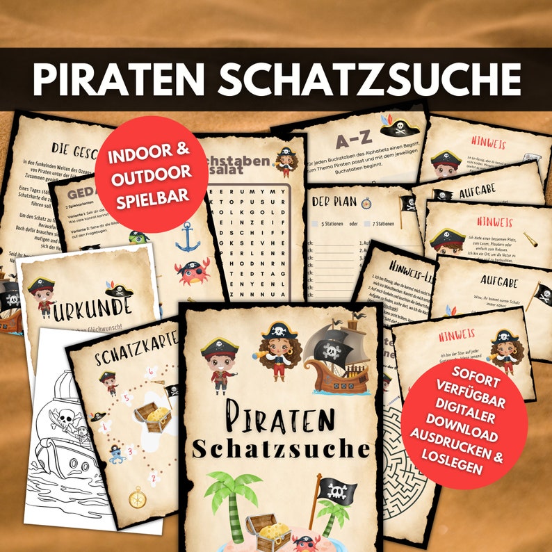 Piraten Schatzsuche Kindergeburtstag Spiele Rätsel Aufgaben Hinweise Schatzkarte Urkunden Einladungen Indoor Outdoor Schnitzeljagd Bild 1