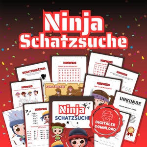 Chasse au trésor à partir de 6 ans Ninja, chasse au trésor pour les anniversaires d'enfants avec énigmes, tâches, carte au trésor, certificats, invitations anniversaire