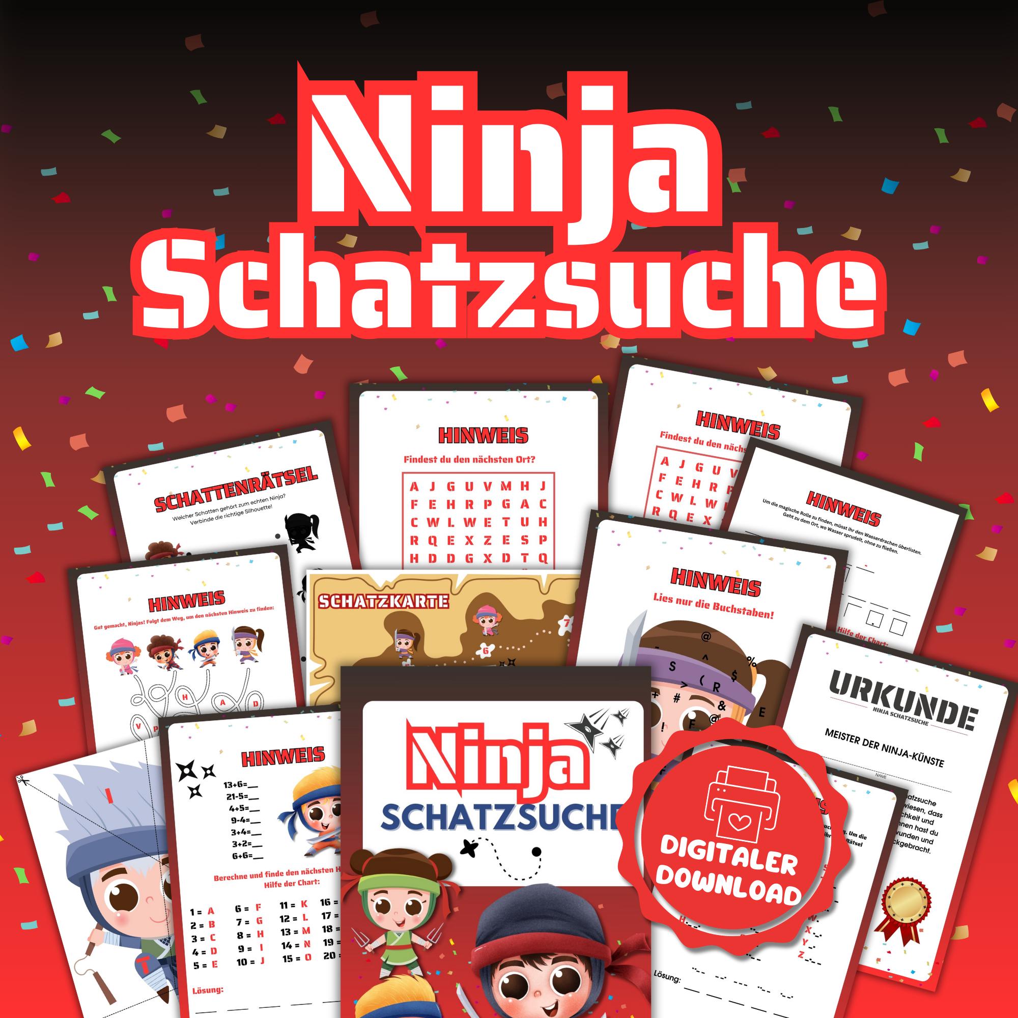 Treasure hunt from 6 years Ninja, scavenger hunt for children's birthdays with riddles, tasks, treasure map, certificates, invitations birthday