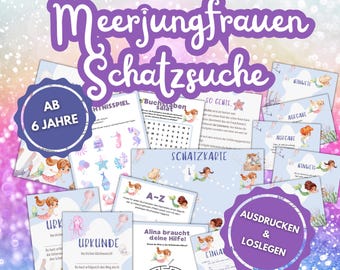 Treasure hunt from 6 years mermaid, scavenger hunt for children's birthday with puzzles, tasks, treasure map, certificates, invitations Mermaid