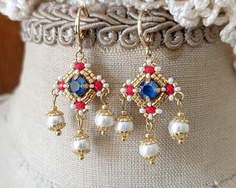 MADELEINE - Medieval-inspired earrings - Crystal and royal blue seed beads - Made to order - Choice of colors