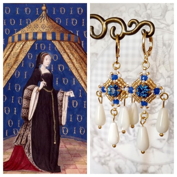 Catherine - Bleu - Boucles d'oreilles Renaissance inspiration - perles de rocaille