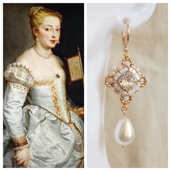 Anne - Cristal - Boucles d'oreilles Renaissance inspiration - Mariage - perles de rocaille