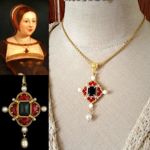 Renaissance Cross Pendant Replica - MARGARET - Crystal and Seed Beads - Red and Black - Made to Order
