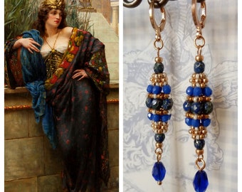 Diane 13 - Boucles d'oreilles Antique inspiration - Perles de rocaille bleu/or