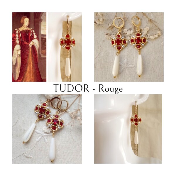 Bo Tudor - Rouge - Boucles d'oreilles Renaissance inspiration - perles de rocaille