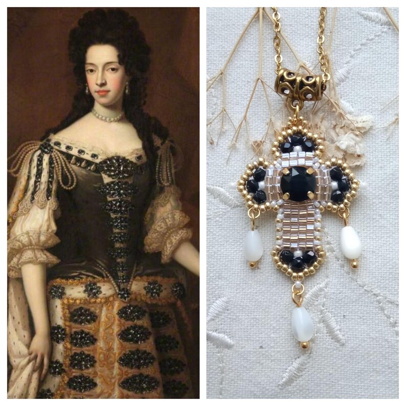 Baroque Cross Pendant Crystal and Black and Gold Seed Beads Etsy