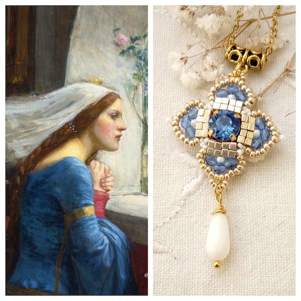 Celtic Cross - Bleu - Pendentif croix Médiéval inspiration - perles de rocaille
