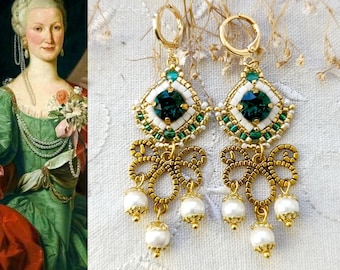 MERTEUIL - Pendientes de inspiración rococó - Cristal y cuentas de semillas verde real - Hechos por encargo - Variedad de colores