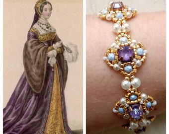 Tudor 12 - Renaissance inspired bracelet - purple/gold seed beads -