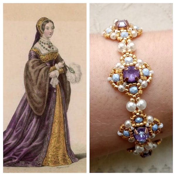 Tudor 12 - Bracelet Renaissance inspiration - perles de rocailles violet/or -