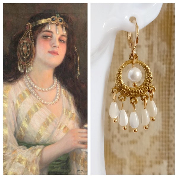 Antique inspired earrings and mother-of-pearl beads