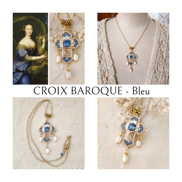 Croix Baroque - Bleu - Pendentif - perles de rocaille