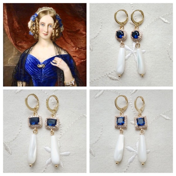 Boucles d'oreilles  Second Empire/Victorien inspiration - zircon bleu royal