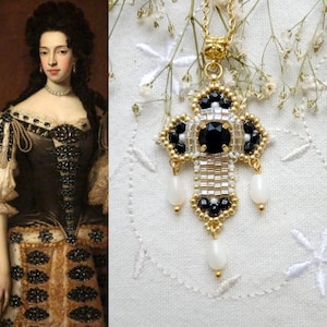 Baroque inspired cross pendant - Crystal and black and gold seed beads - Made to order - Choice of colors