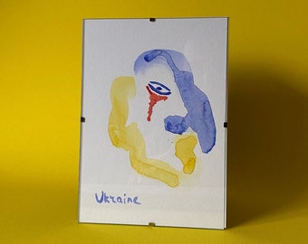 Watercolour Painting Blue and Yellow Face in Glass Frame Stop War In Ukraine Buy New Original Art