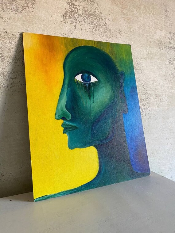 Oil Painting Green Yellow Face Earth Dihtyar Portrait Large Etsy