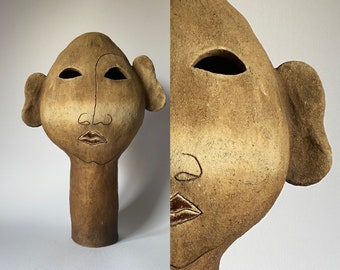 Vase Sculpture Face Brown Large Original Art