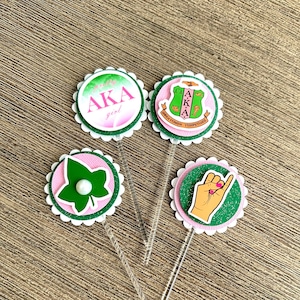 AKA cupcake toppers-AKA cake topper-AKA paraphernalia-aka sorority-aka gifts-pink and green-pretty girls-aka pearls-aka ivy-aka shield