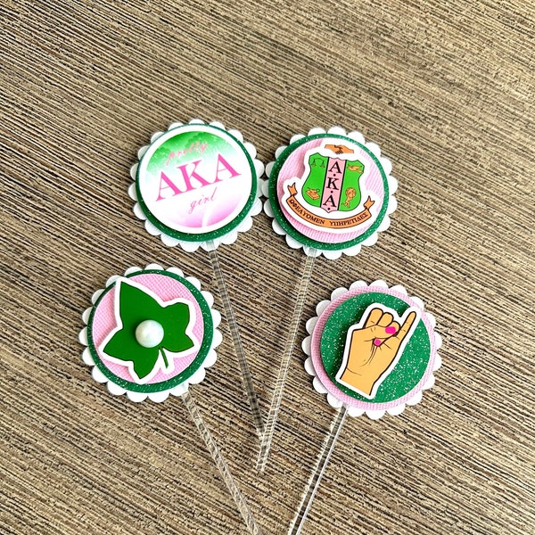 AKA cupcake toppers-AKA cake topper-AKA paraphernalia-aka sorority-aka gifts-pink and green-pretty girls-aka pearls-aka ivy-aka shield