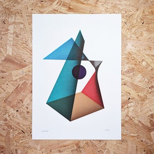 May include: Abstract geometric art print with a blue, green, red, and black color scheme. The print features a series of overlapping shapes and lines.