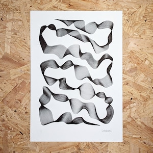 May include: A black and white abstract art print featuring a series of wavy lines. The print is signed "lacak" in the bottom right corner.