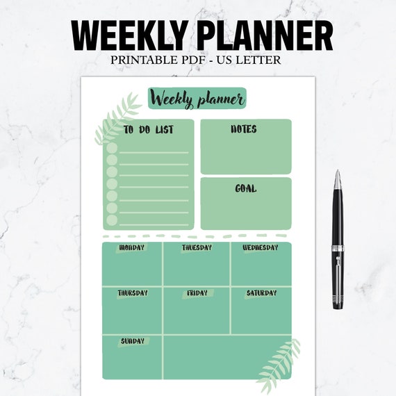 Weekly Planner Printable Week Planning Template Green and - Etsy