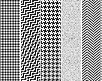 5 black and white seamless pattern svg - gingham dot wave herringbone houndstooth seamless pattern - digital download - commercial use