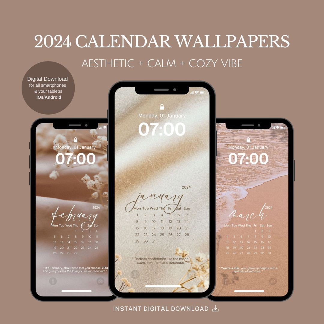 2024 Mobile Calendar Wallpaper Beige Aesthetic Calendar Etsy
