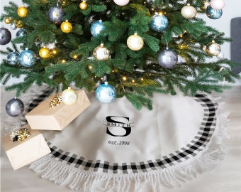 Personalized Christmas Tree Skirt, White Plaid Tree Skirt, Christmas Home Decor, Custom Family Tree Skirt, Fringe Christmas Tree Skirt, E