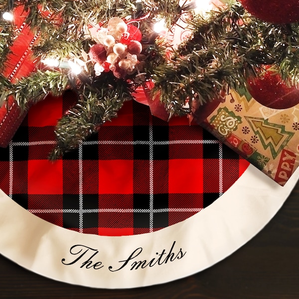 Personalized Christmas Tree Skirt, Plaid Christmas Tree Skirt, Christmas Home Decor, Custom Family Tree Skirt, Fringe Christmas Tree Skirt-C