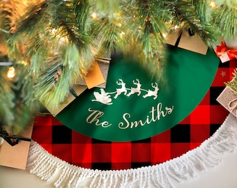 Personalized Christmas Tree Skirt, Plaid Christmas Tree Skirt, Christmas Home Decor, Custom Family Tree Skirt, Fringe Christmas Tree Skirt-D